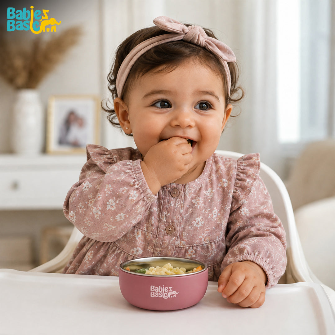 Babies Basic Stainless Steel Bowl with Silicone Sleeve for Kids, Dusty Pink