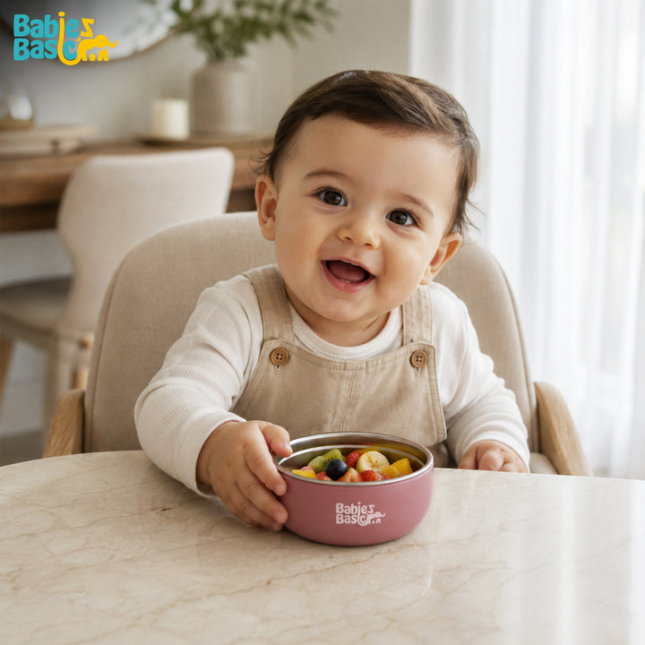 Babies Basic Stainless Steel Bowl with Silicone Sleeve for Kids, Dusty Pink