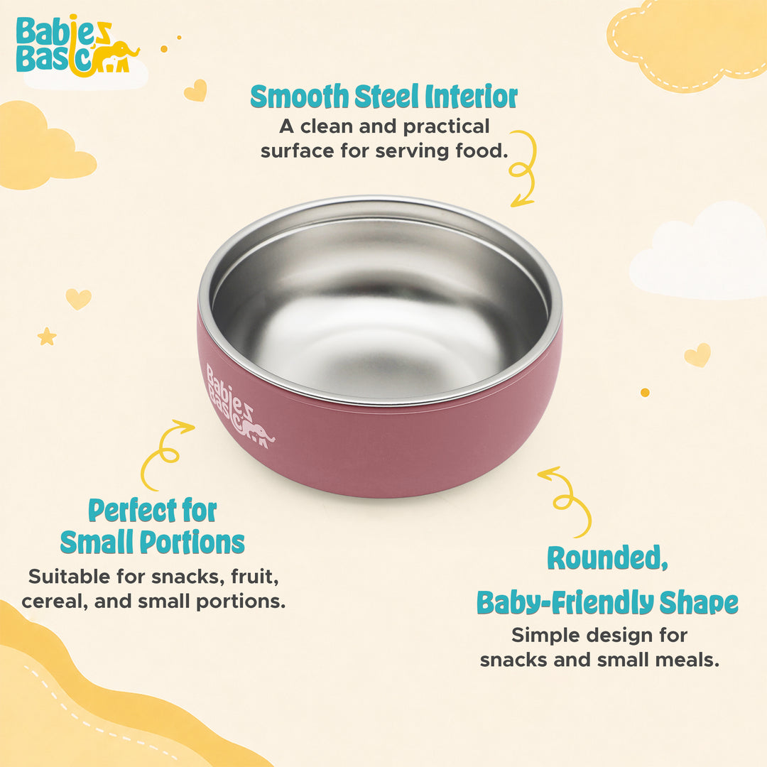 Babies Basic Stainless Steel Bowl with Silicone Sleeve for Kids, Dusty Pink