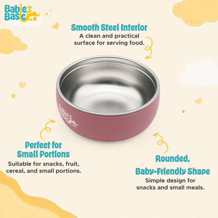 Babies Basic Stainless Steel Bowl with Silicone Sleeve for Kids, Dusty Pink
