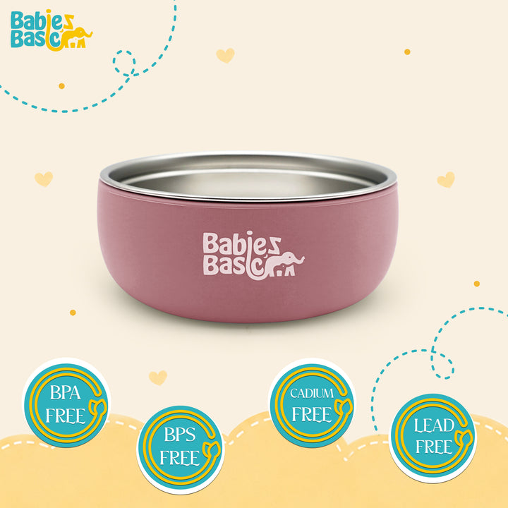 Babies Basic Stainless Steel Bowl with Silicone Sleeve for Kids, Dusty Pink