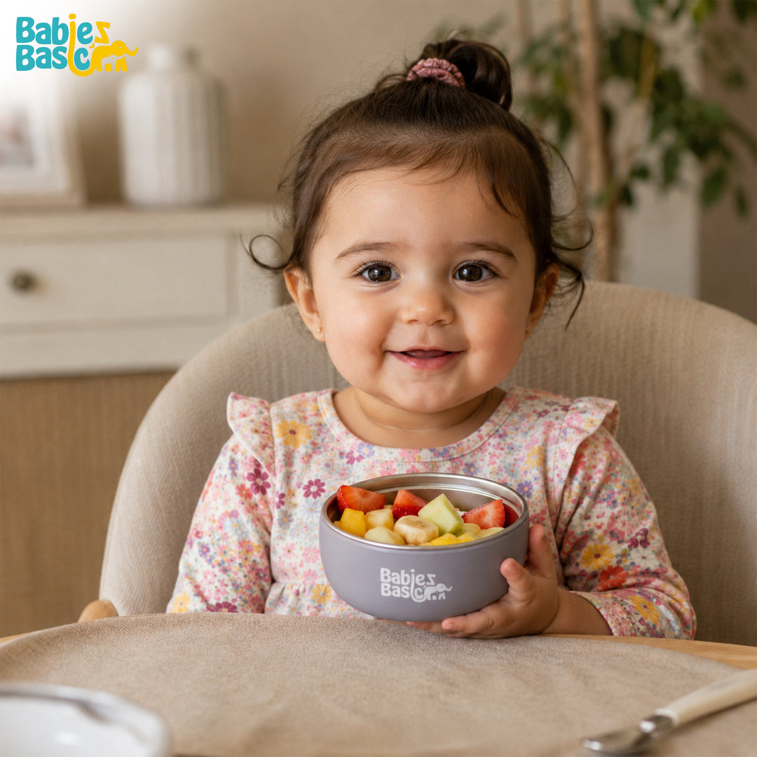 Babies Basic Stainless Steel Bowl with Silicone Sleeve for Kids, Gray