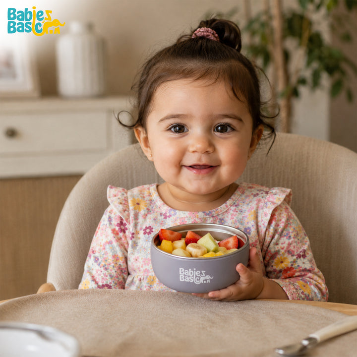 Babies Basic Stainless Steel Bowl with Silicone Sleeve for Kids, Gray