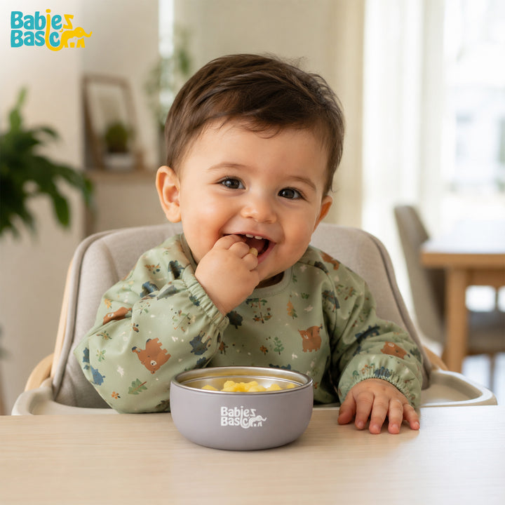 Babies Basic Stainless Steel Bowl with Silicone Sleeve for Kids, Gray