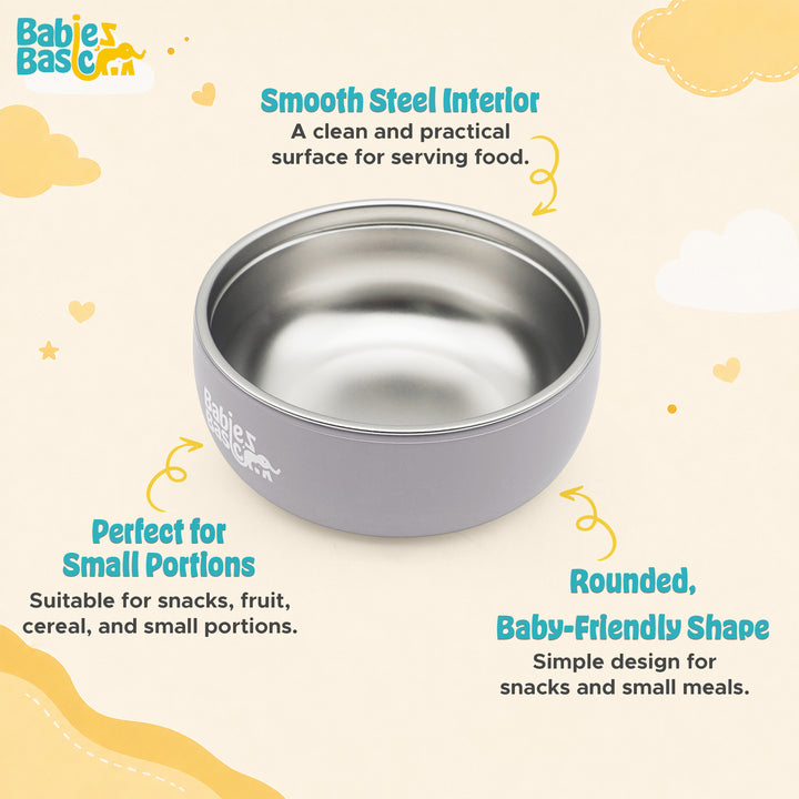 Babies Basic Stainless Steel Bowl with Silicone Sleeve for Kids, Gray