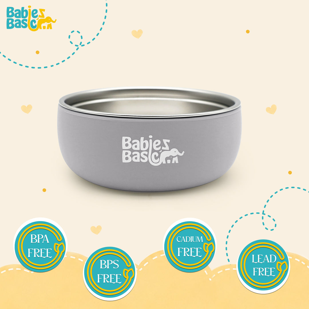 Babies Basic Stainless Steel Bowl with Silicone Sleeve for Kids, Gray