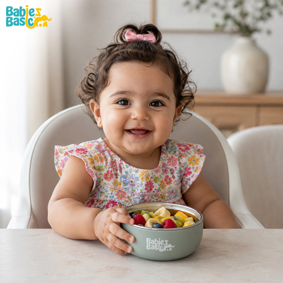 Babies Basic Stainless Steel Bowl with Silicone Sleeve for Kids, Green