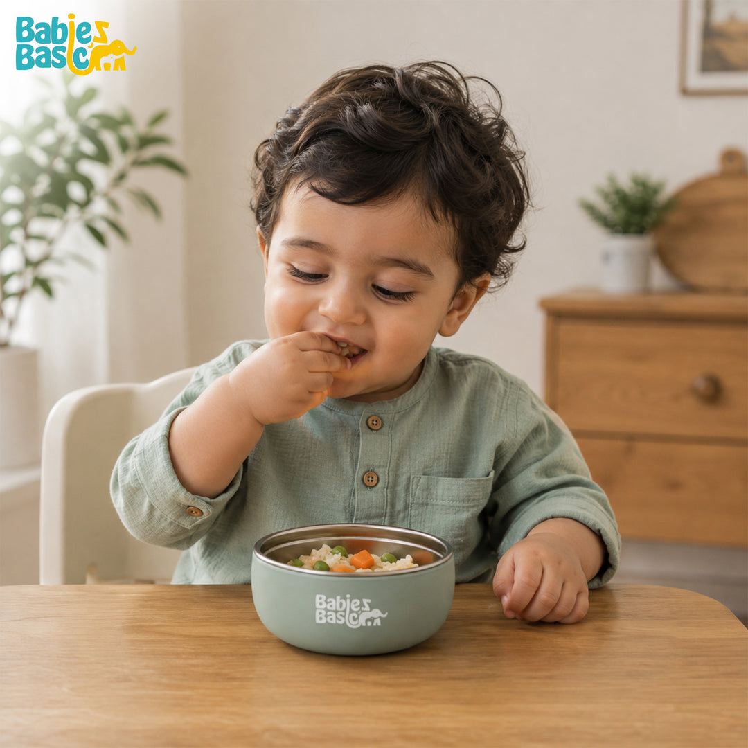 Babies Basic Stainless Steel Bowl with Silicone Sleeve for Kids, Green
