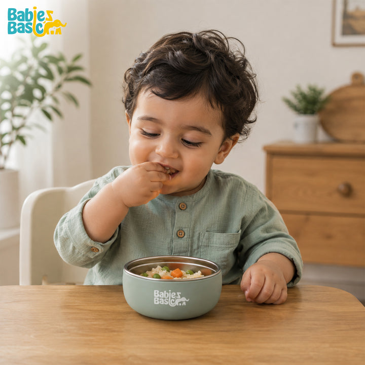Babies Basic Stainless Steel Bowl with Silicone Sleeve for Kids, Green