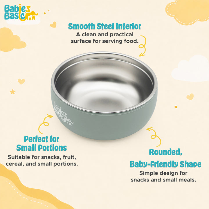 Babies Basic Stainless Steel Bowl with Silicone Sleeve for Kids, Green