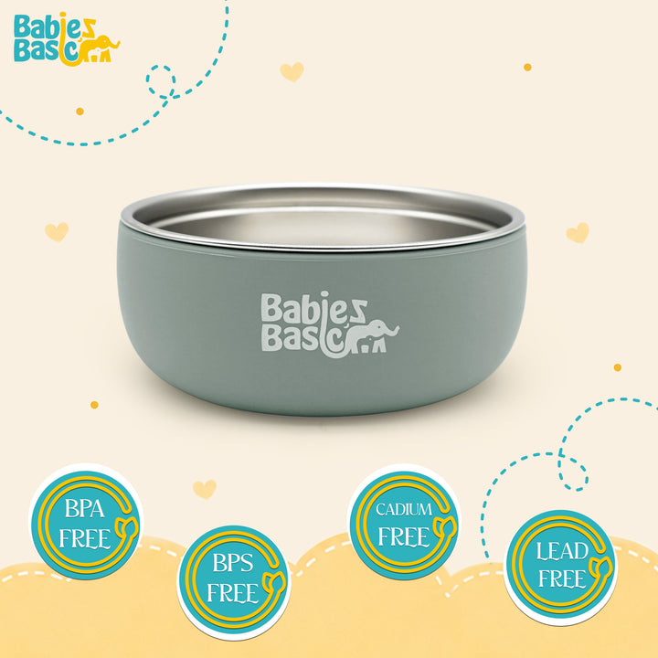 Babies Basic Stainless Steel Bowl with Silicone Sleeve for Kids, Green