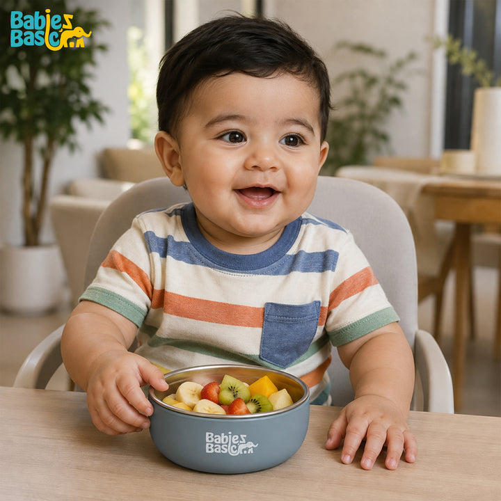 Babies Basic Stainless Steel Bowl with Silicone Sleeve for Kids, Indigo