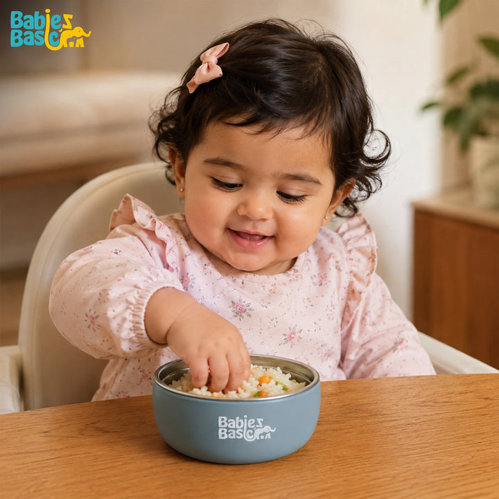 Babies Basic Stainless Steel Bowl with Silicone Sleeve for Kids, Indigo