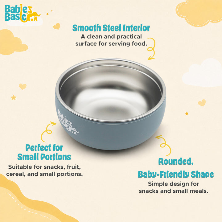 Babies Basic Stainless Steel Bowl with Silicone Sleeve for Kids, Indigo