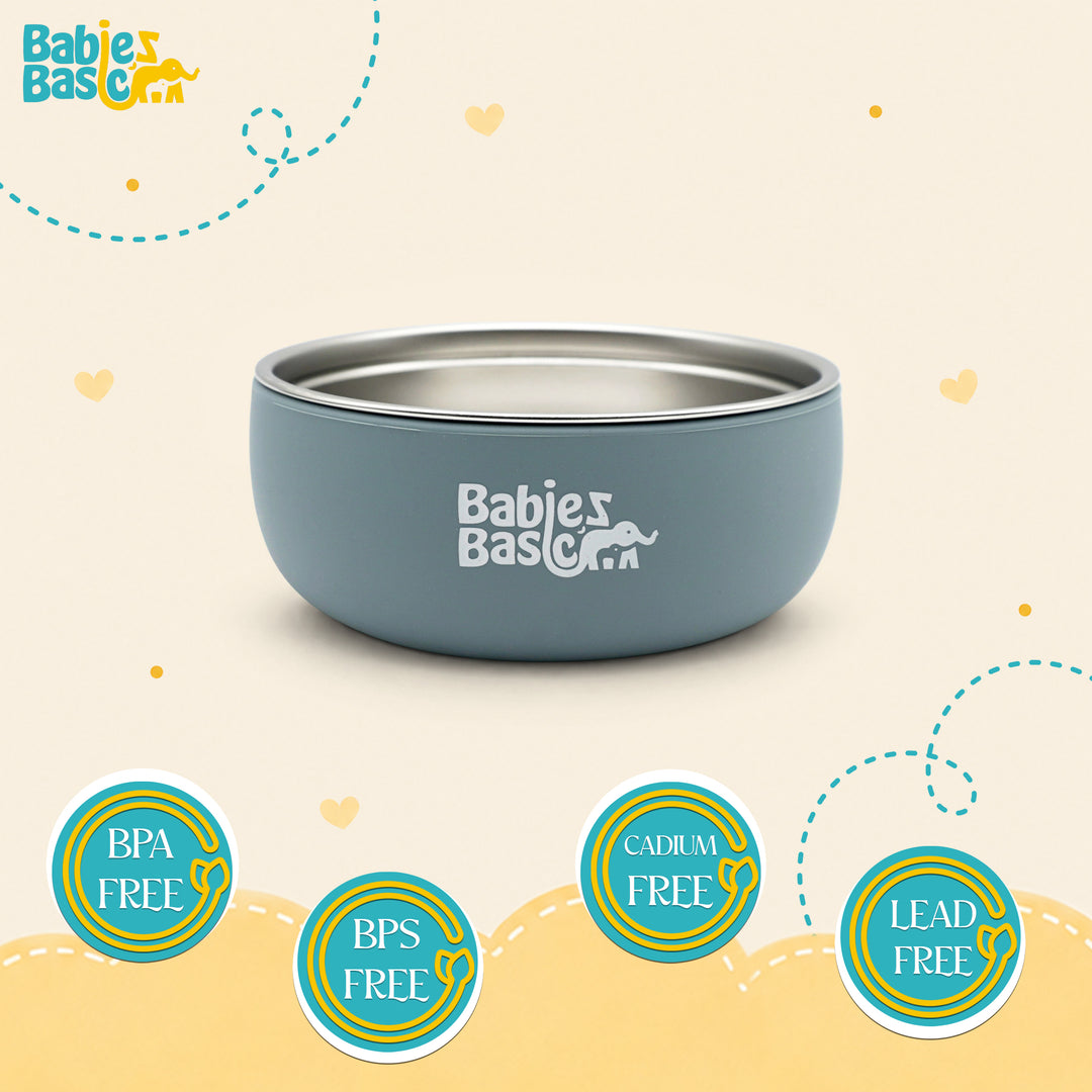 Babies Basic Stainless Steel Bowl with Silicone Sleeve for Kids, Indigo