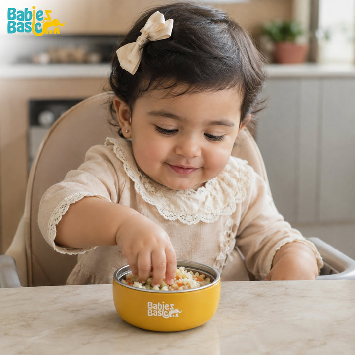 Babies Basic Stainless Steel Bowl with Silicone Sleeve for Kids, Yellow