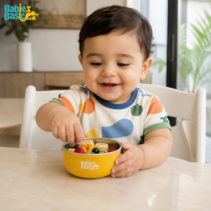 Babies Basic Stainless Steel Bowl with Silicone Sleeve for Kids, Yellow