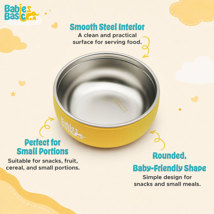 Babies Basic Stainless Steel Bowl with Silicone Sleeve for Kids, Yellow