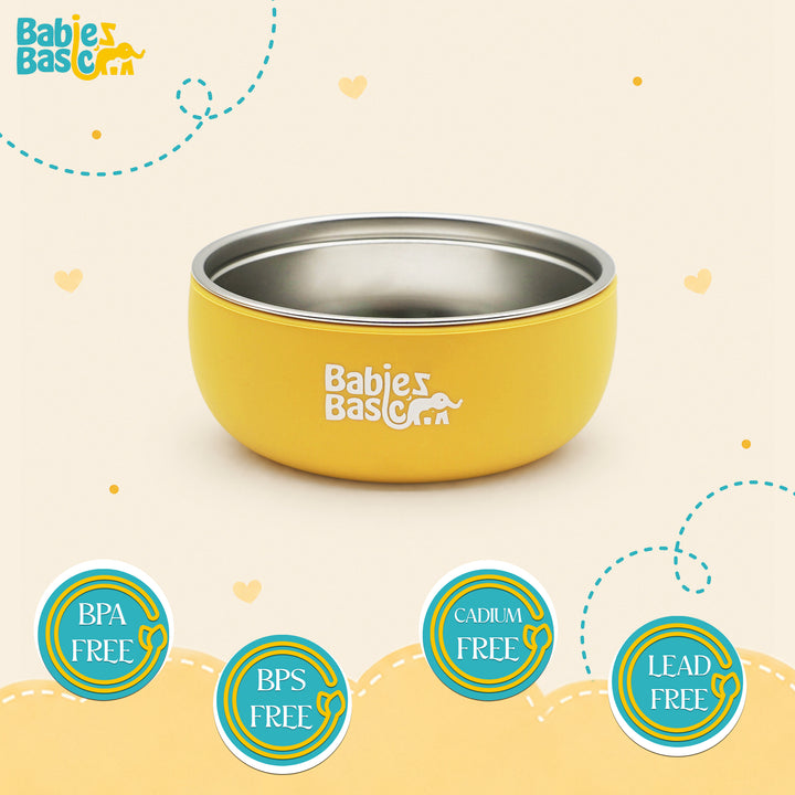 Babies Basic Stainless Steel Bowl with Silicone Sleeve for Kids, Yellow