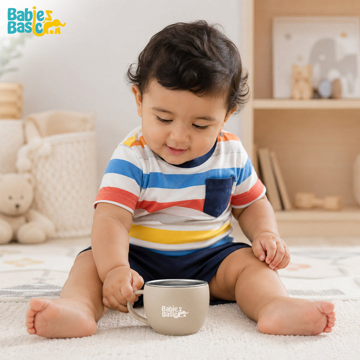Babies Basic Stainless Steel Cup with Silicone Sleeve for Kids, Beige