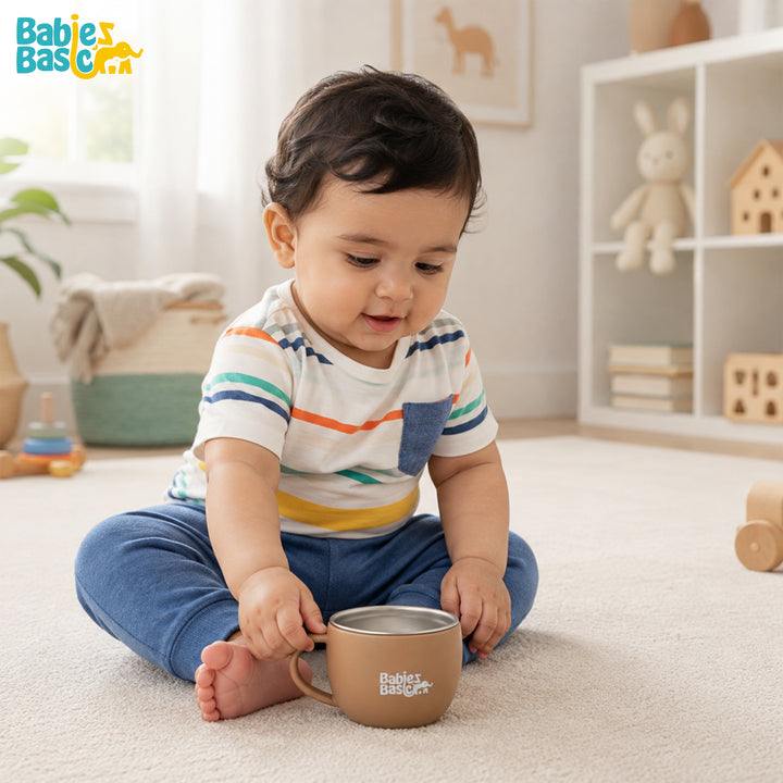 Babies Basic Stainless Steel Cup with Silicone Sleeve for Kids, Brown