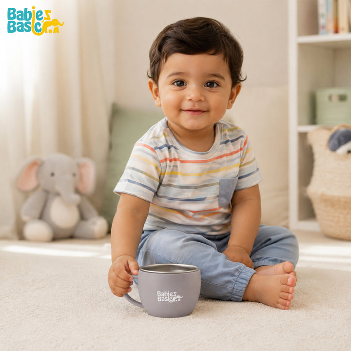 Babies Basic Stainless Steel Cup with Silicone Sleeve for Kids, Gray