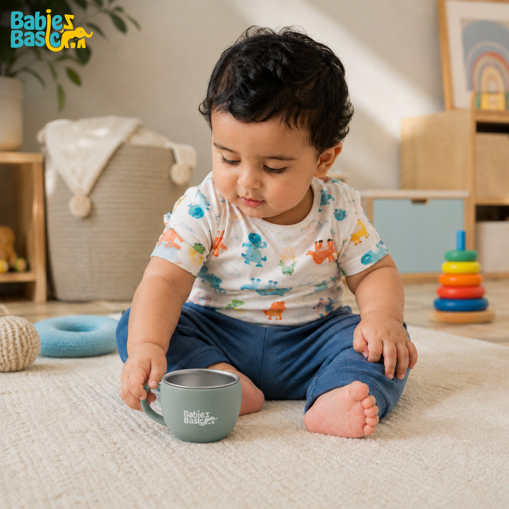 Babies Basic Stainless Steel Cup with Silicone Sleeve for Kids, Green
