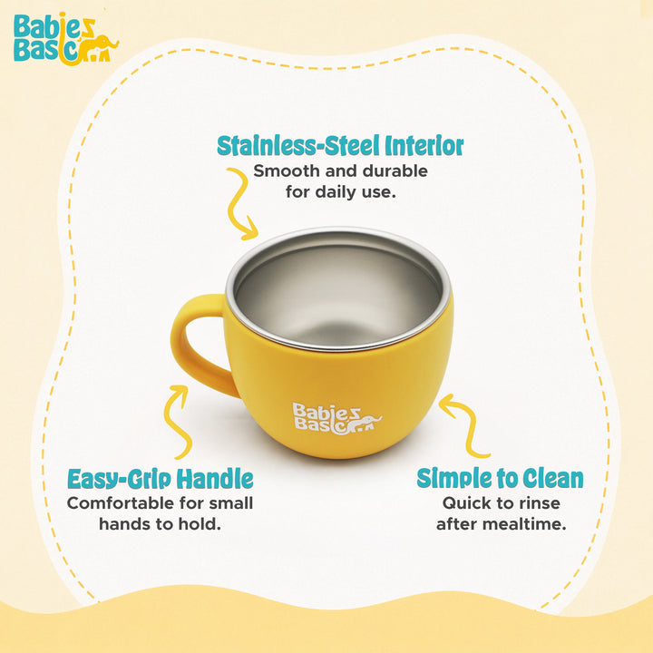 Babies Basic Stainless Steel Cup with Silicone Sleeve for Kids, Yellow