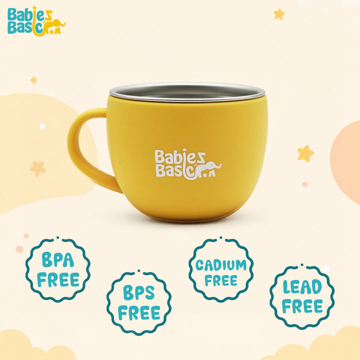Babies Basic Stainless Steel Cup with Silicone Sleeve for Kids, Yellow