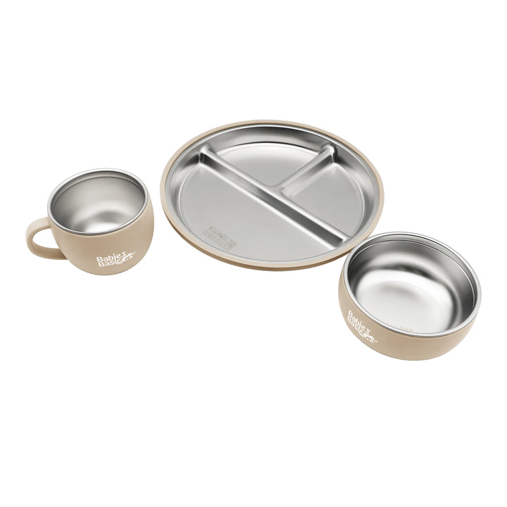 Babies Basic Stainless Steel Plate, Bowl, and Cup with Silicone Sleeve for Kids, Beige