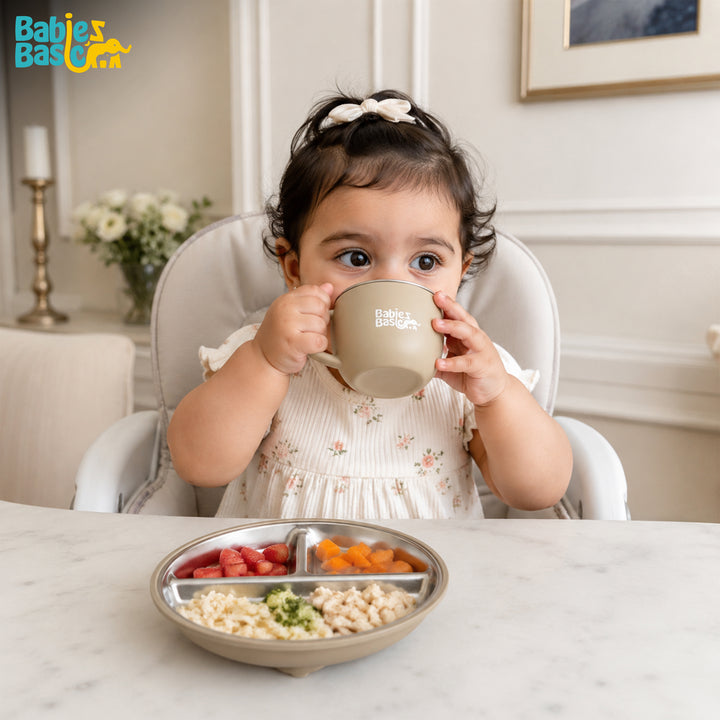 Babies Basic Stainless Steel Plate, Bowl, and Cup with Silicone Sleeve for Kids, Beige