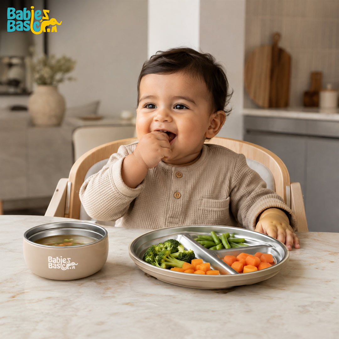 Babies Basic Stainless Steel Plate, Bowl, and Cup with Silicone Sleeve for Kids, Beige