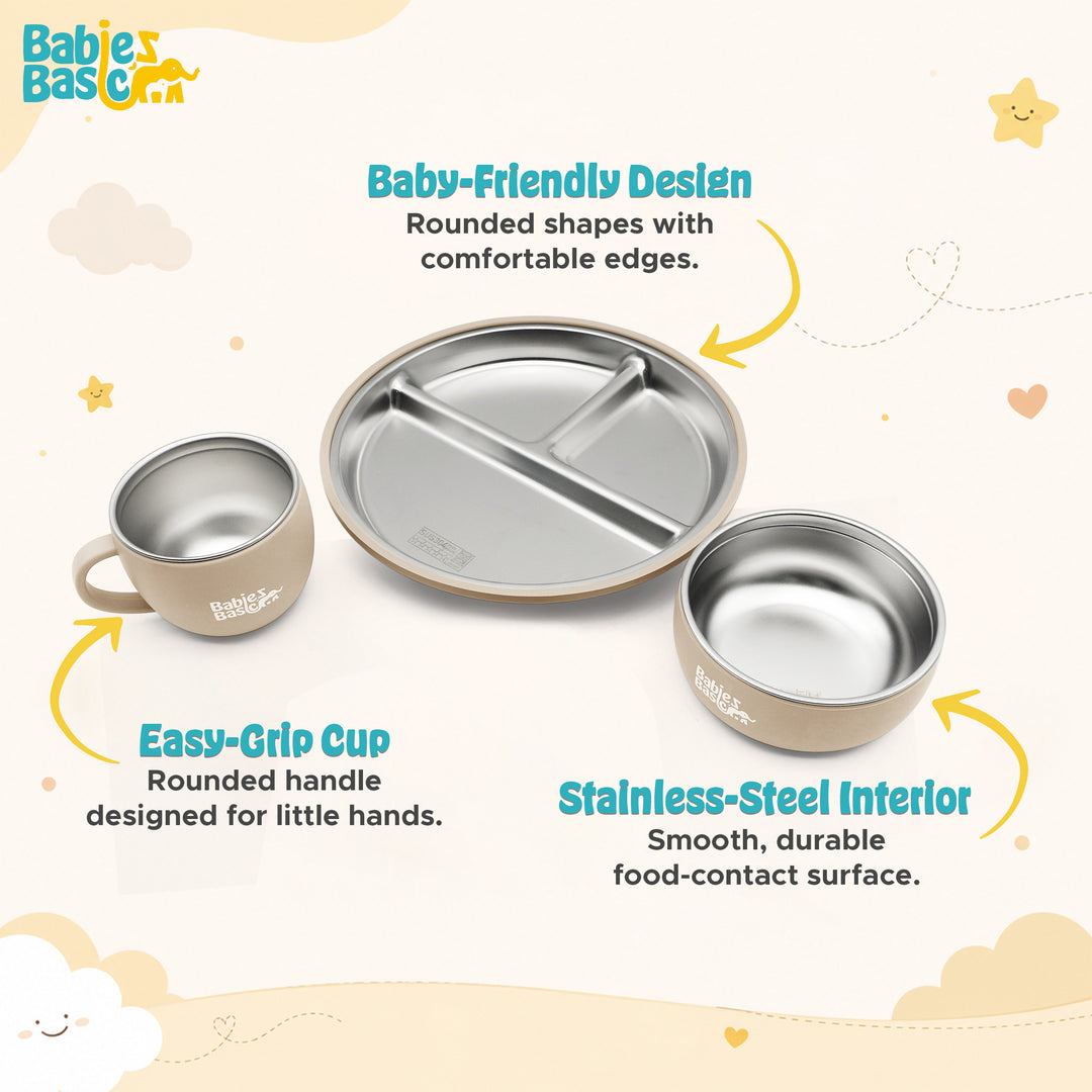 Babies Basic Stainless Steel Plate, Bowl, and Cup with Silicone Sleeve for Kids, Beige