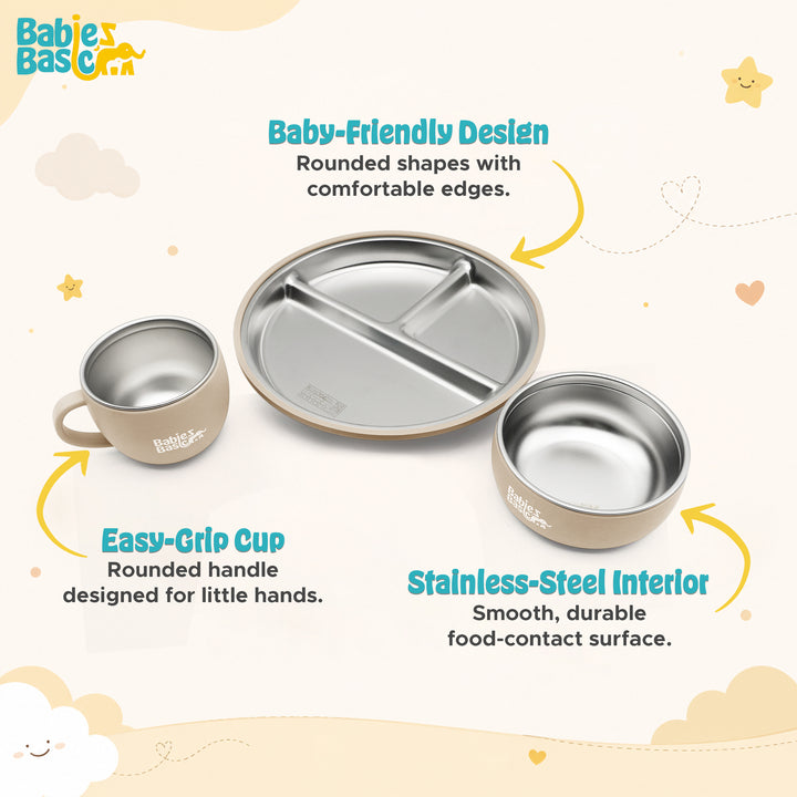 Babies Basic Stainless Steel Plate, Bowl, and Cup with Silicone Sleeve for Kids, Beige