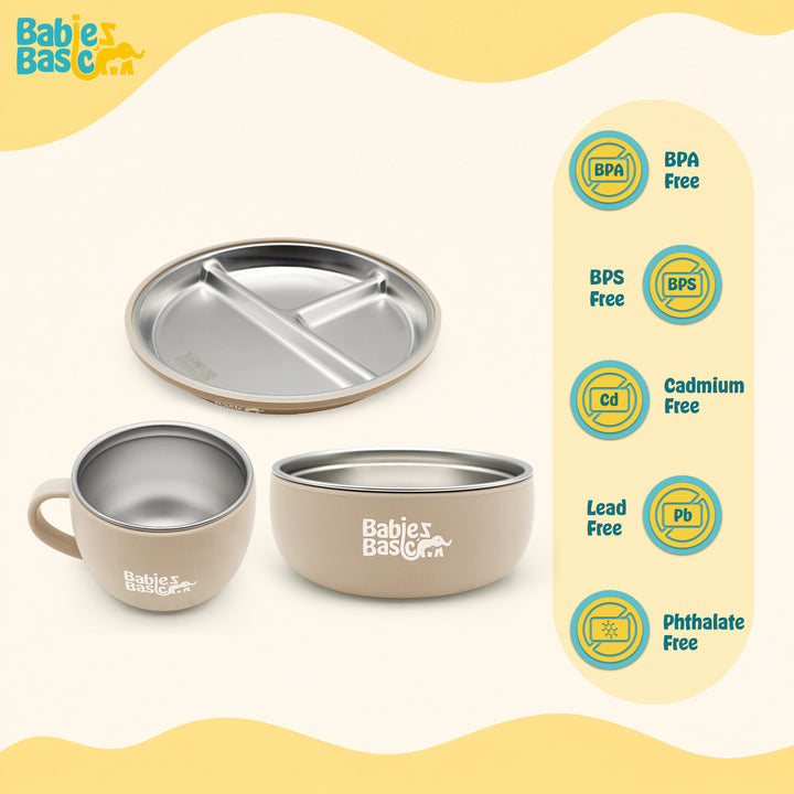 Babies Basic Stainless Steel Plate, Bowl, and Cup with Silicone Sleeve for Kids, Beige