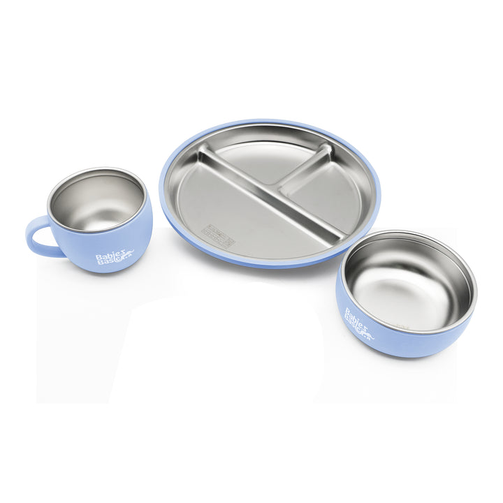 Babies Basic Stainless Steel Plate, Bowl, and Cup with Silicone Sleeve for Kids, Blue