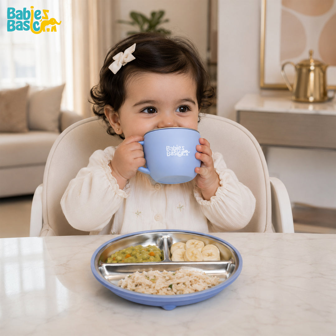 Babies Basic Stainless Steel Plate, Bowl, and Cup with Silicone Sleeve for Kids, Blue