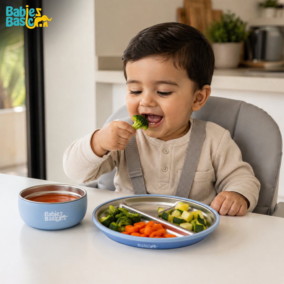 Babies Basic Stainless Steel Plate, Bowl, and Cup with Silicone Sleeve for Kids, Blue