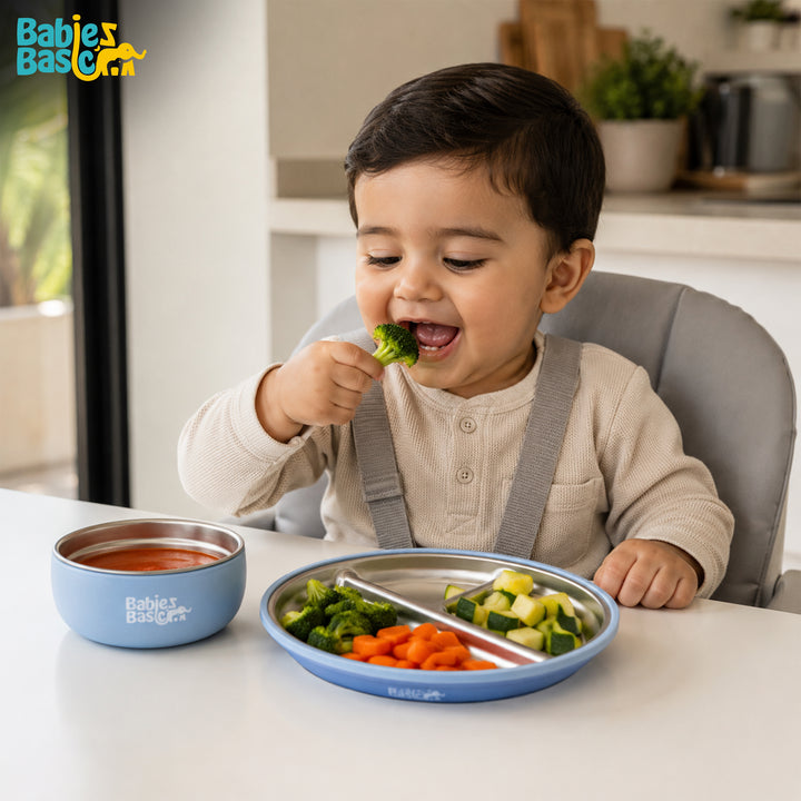 Babies Basic Stainless Steel Plate, Bowl, and Cup with Silicone Sleeve for Kids, Blue