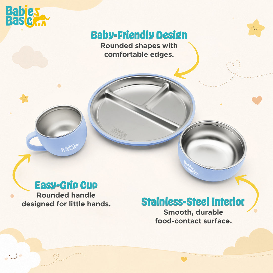 Babies Basic Stainless Steel Plate, Bowl, and Cup with Silicone Sleeve for Kids, Blue