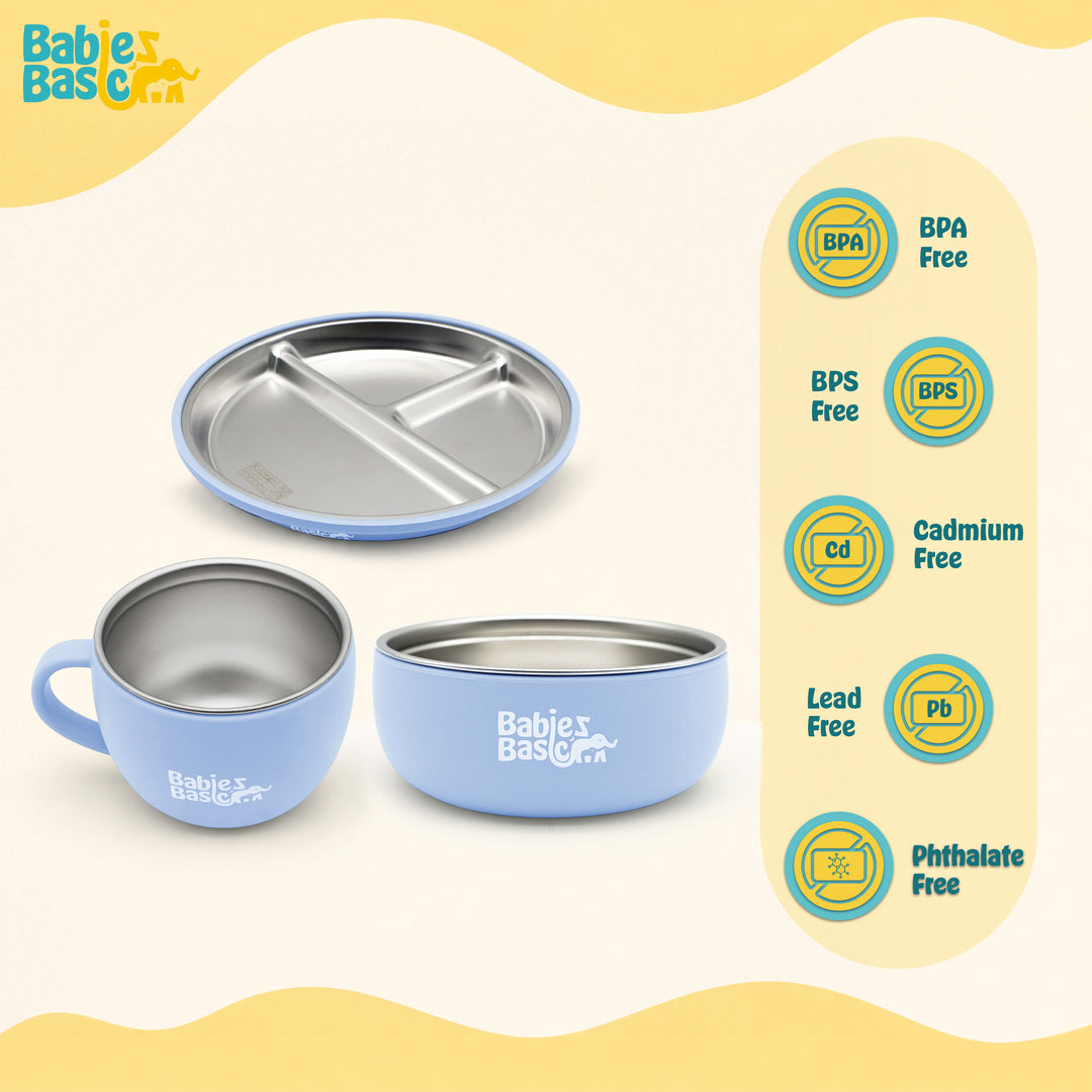 Babies Basic Stainless Steel Plate, Bowl, and Cup with Silicone Sleeve for Kids, Blue