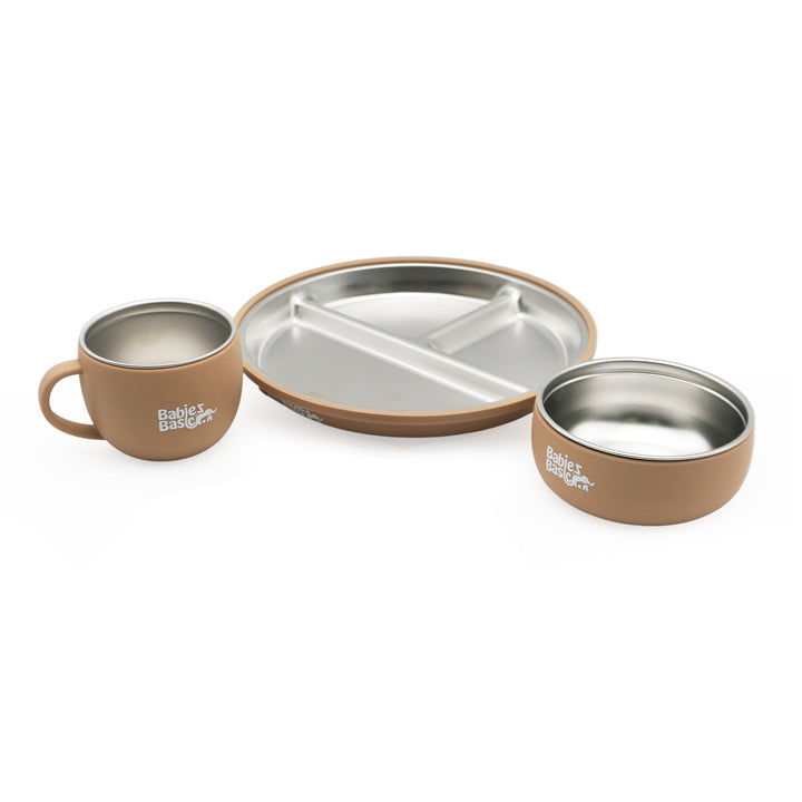 Babies Basic Stainless Steel Plate, Bowl, and Cup with Silicone Sleeve for Kids, Brown