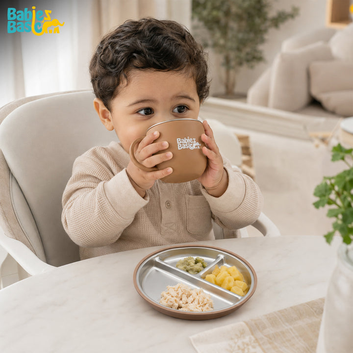 Babies Basic Stainless Steel Plate, Bowl, and Cup with Silicone Sleeve for Kids, Brown