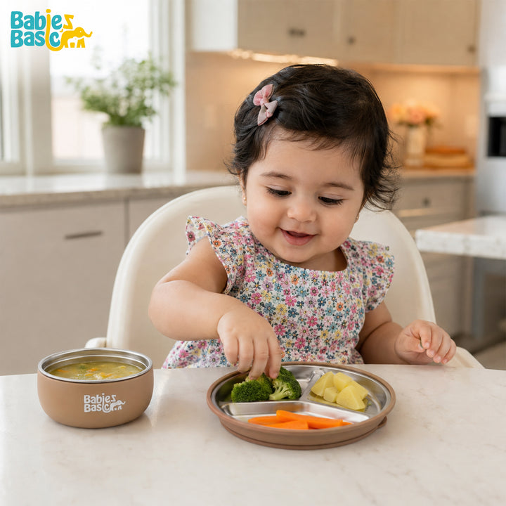 Babies Basic Stainless Steel Plate, Bowl, and Cup with Silicone Sleeve for Kids, Brown