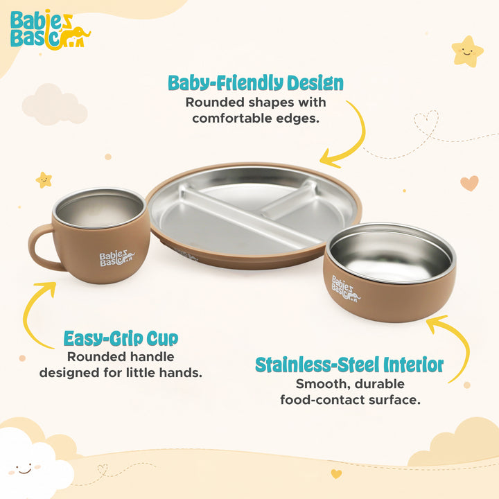 Babies Basic Stainless Steel Plate, Bowl, and Cup with Silicone Sleeve for Kids, Brown