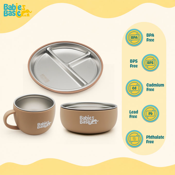Babies Basic Stainless Steel Plate, Bowl, and Cup with Silicone Sleeve for Kids, Brown