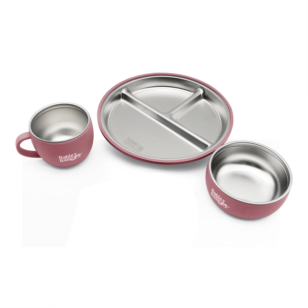 Babies Basic Stainless Steel Plate, Bowl, and Cup with Silicone Sleeve for Kids, Dusty Pink