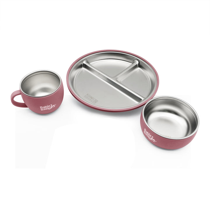 Babies Basic Stainless Steel Plate, Bowl, and Cup with Silicone Sleeve for Kids, Dusty Pink
