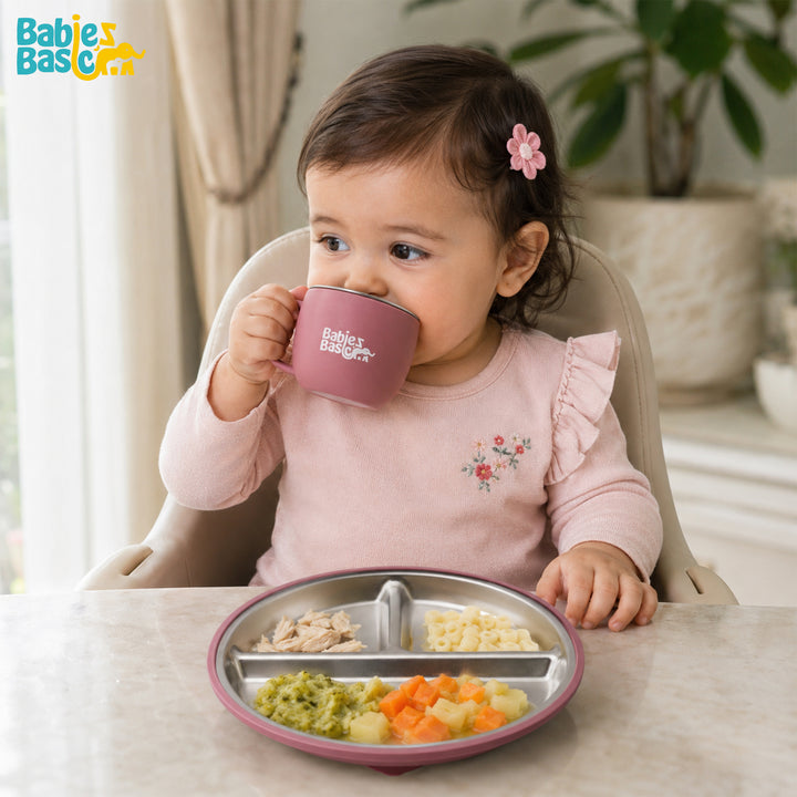 Babies Basic Stainless Steel Plate, Bowl, and Cup with Silicone Sleeve for Kids, Dusty Pink