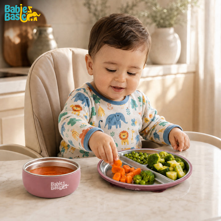 Babies Basic Stainless Steel Plate, Bowl, and Cup with Silicone Sleeve for Kids, Dusty Pink